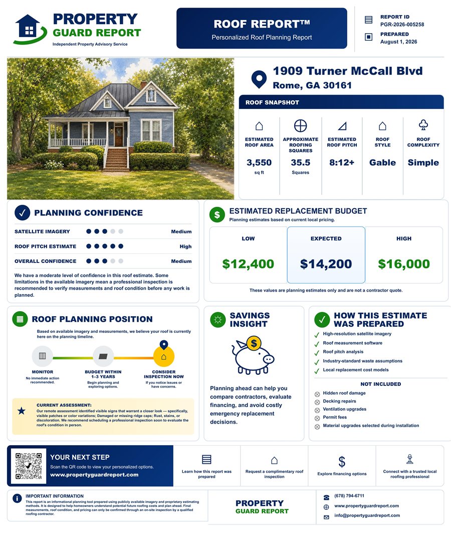 Sample Property Guard Report for a home,
                        showing the roof snapshot, planning confidence
                        rating, and estimated replacement budget